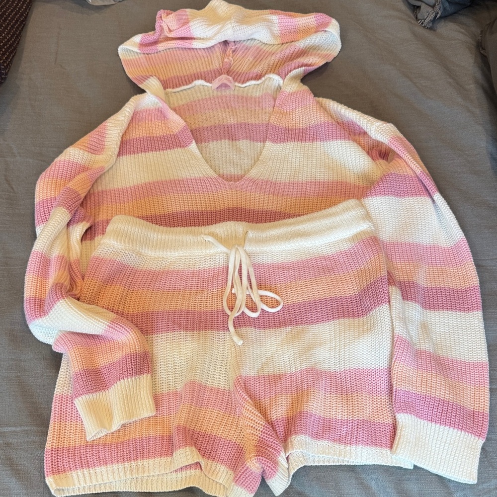Pink Lily Striped Knit Lounge Set - Pink, Cream, Yellow